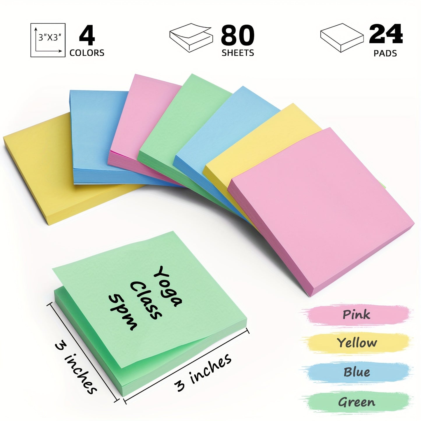 24 Packs Sticky Notes, 80 Pieces\u002Fbook, 4-color Self-adhesive, 3\