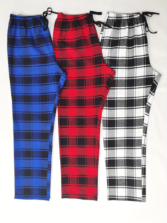 3pcs Men's Plaid Pattern Casual Homewear Long Pants, Pajama Sleep Bottom, Loungewear Sleep Wear Trousers