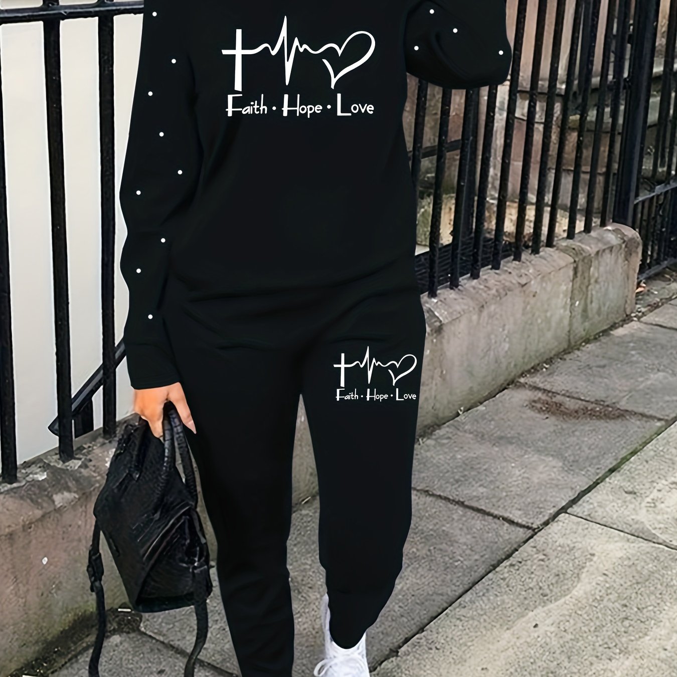 Graphic & Letter Print Two-piece Set, Casual Long Sleeve Sweatshirt & Sweatpants Outfits, Women's Clothing