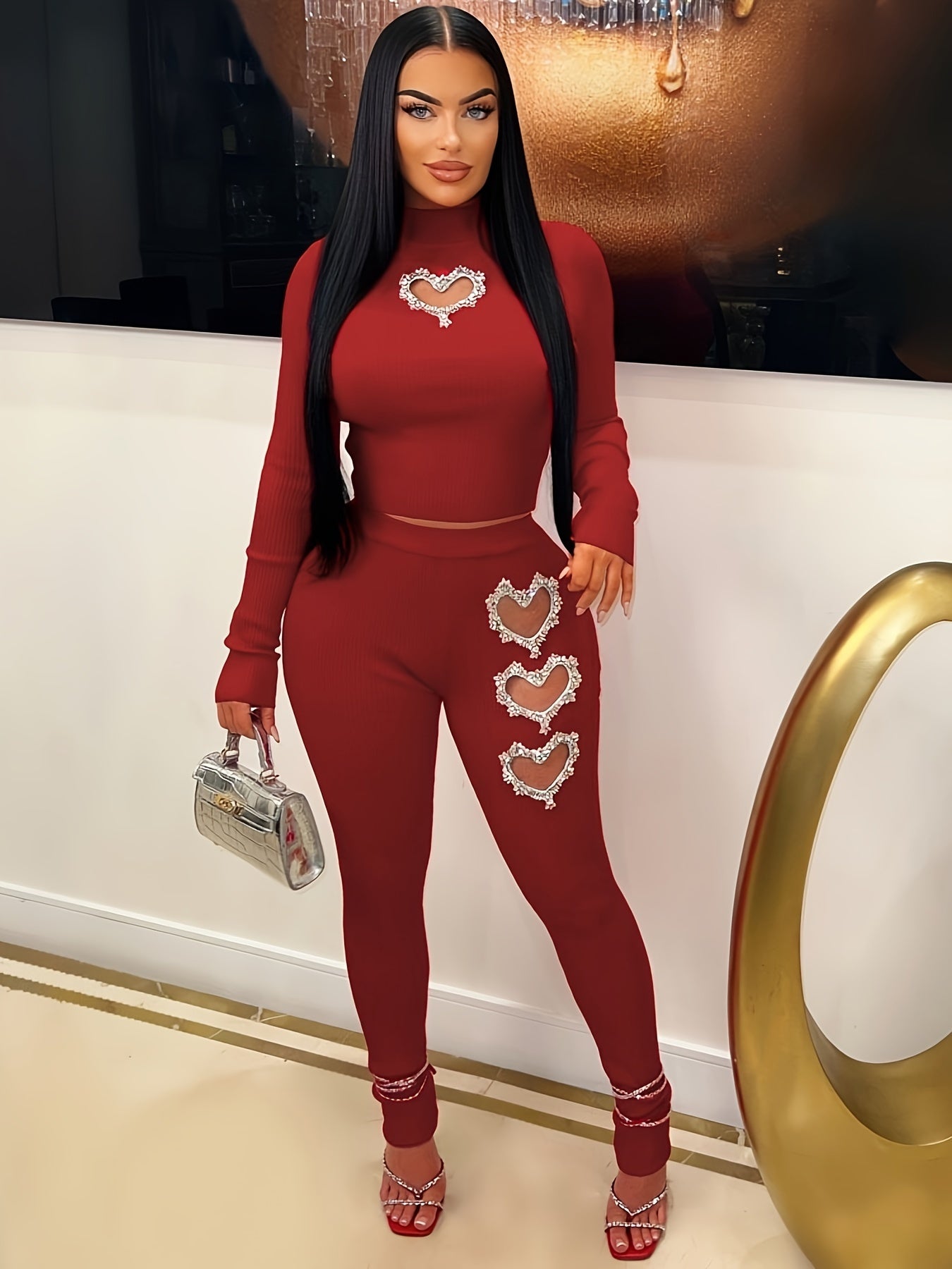 Heart Shaped Cut Out Two-piece Set, Mock Neck Long Sleeve Top & Slim Pants Outfits, Women's Clothing