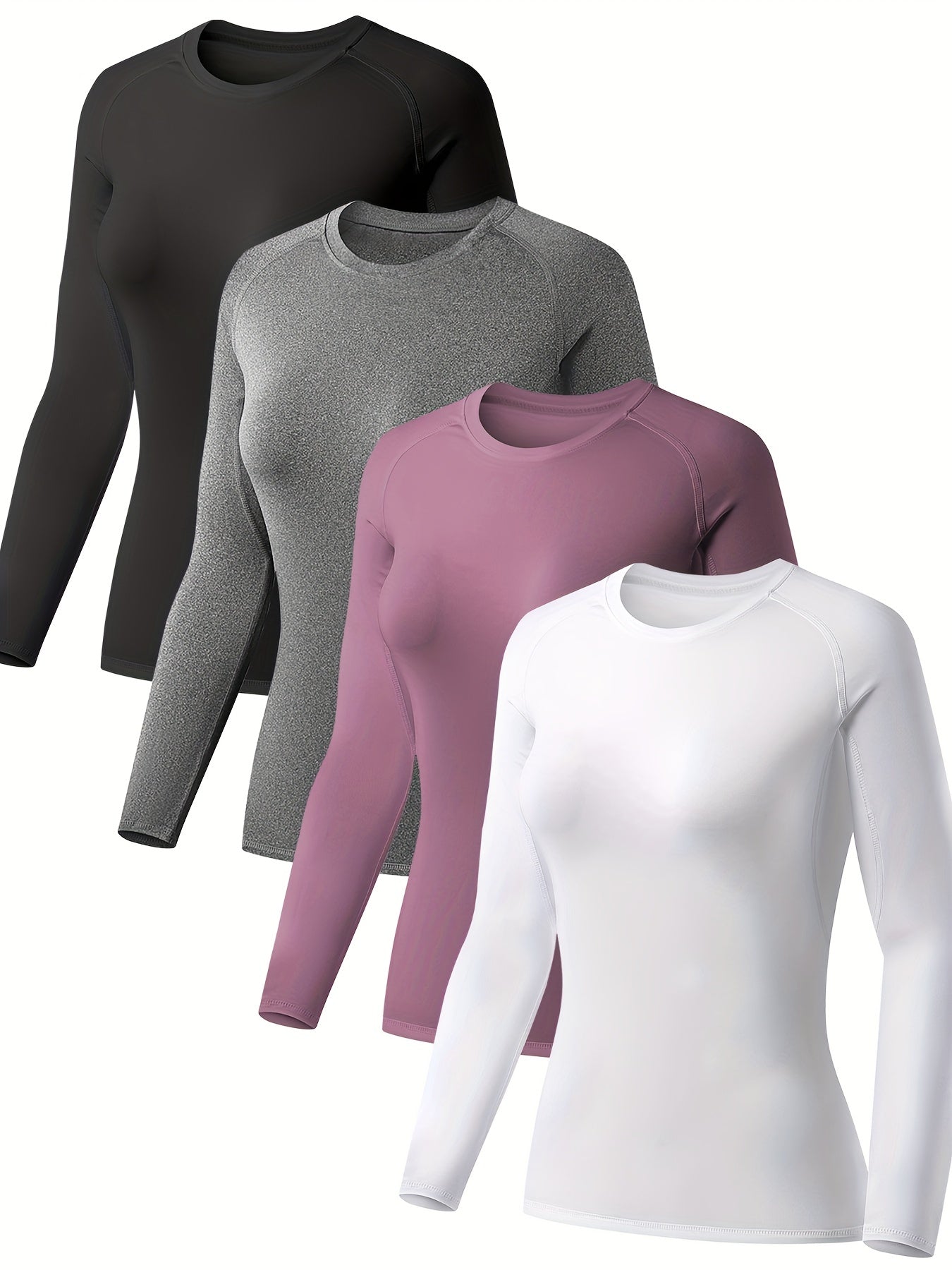 4Pcs Solid Color Sporty T-Shirt, Long Sleeves Round Neck Mid-Stretch Fitness Top, Women's Activewear