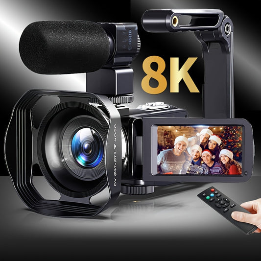 8K Video Camera, 64MP Ultra HD Wifi Infrared Night Vision Vlog Camera, 18x Digital Zoom Touch Screen Vlog Camera (with External Microphone), Lens Hood, Stabilizer, Remote Control - Record Life Moments-Free 32GB Memory Card