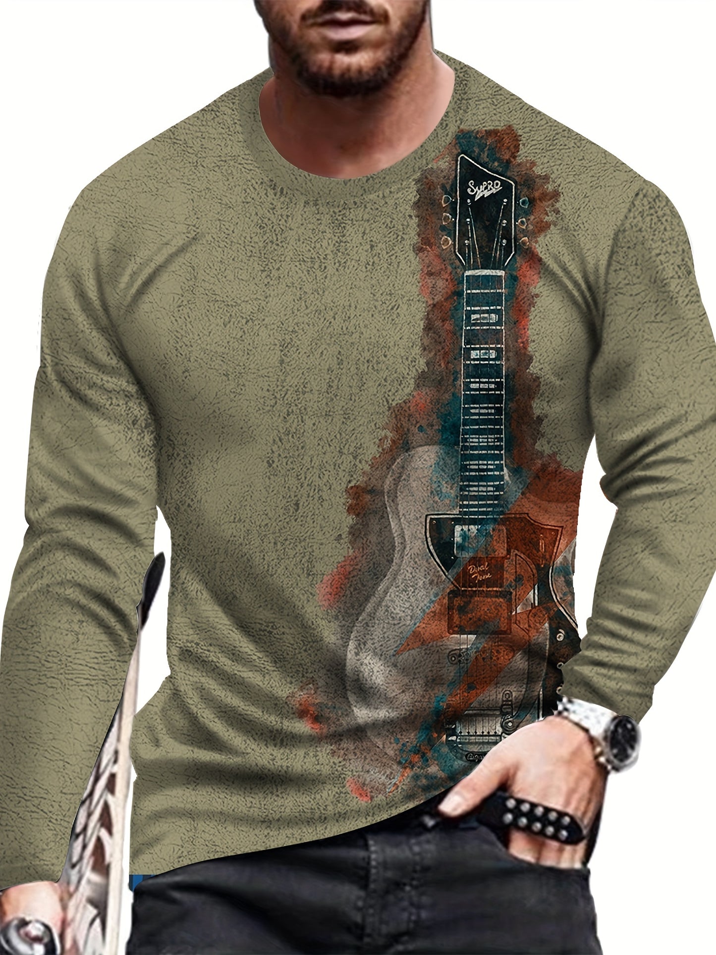 Guitar Pattern 3D Digital Print Men's Vintage Long Sleeve T-shirt, Primavera Otoño, Regalo Para Hombre