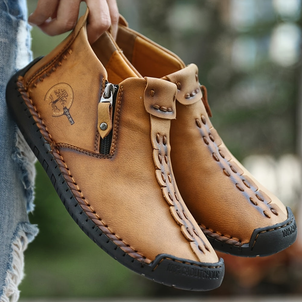 Botas masculinas com costura e zíper estilo vintage sola de borracha sapatos ao ar livre mocassins