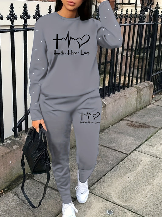 Graphic & Letter Print Two-piece Set, Casual Long Sleeve Sweatshirt & Sweatpants Outfits, Women's Clothing