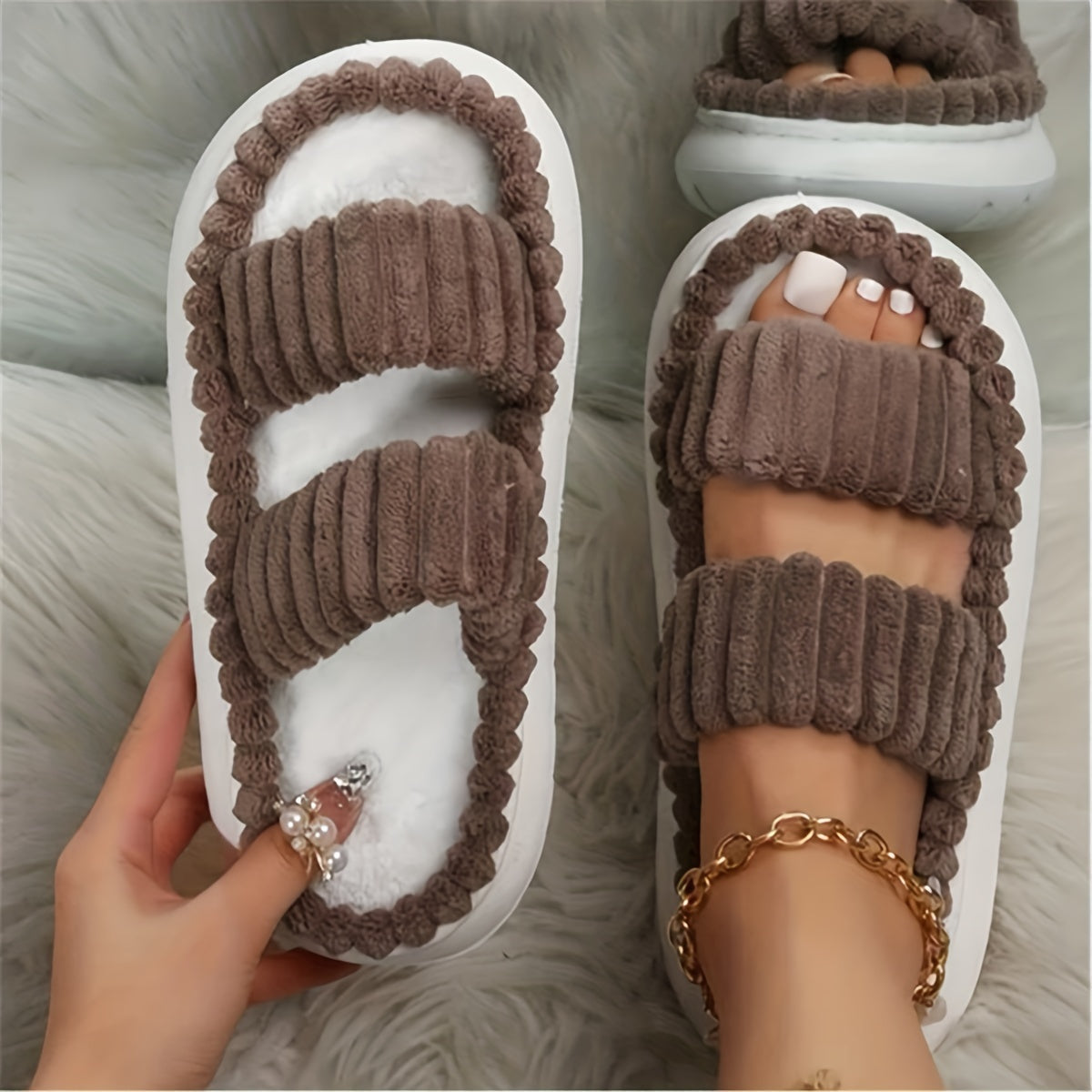 Women's Double Straps Plush Slippers, Solid Color Open Toe Non Slip Comfy Slides Shoes, Fashion Indoor Platform Slippers