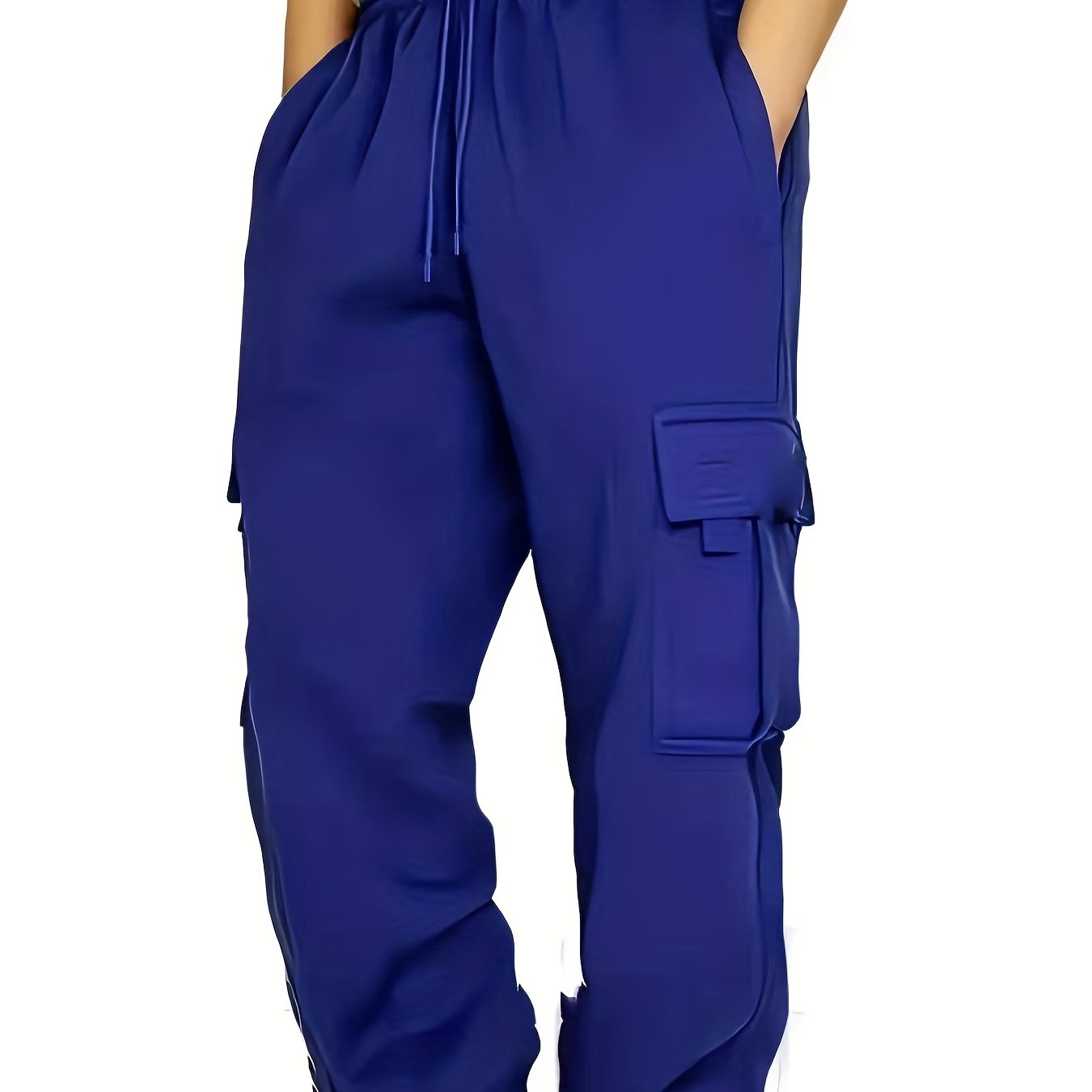 Plus Size Men's Relaxed Fit Cargo Trousers With Pockets, Oversized Casual Drawstring Pants For Big And Tall Guys