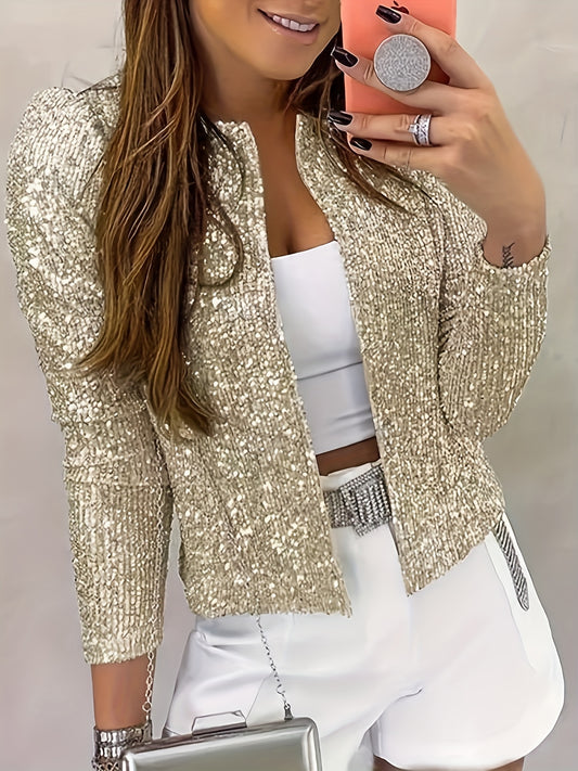 Sequined Solid Jacket, Casual Open Front Crew Neck Long Sleeve Outerwear, Women's Clothing