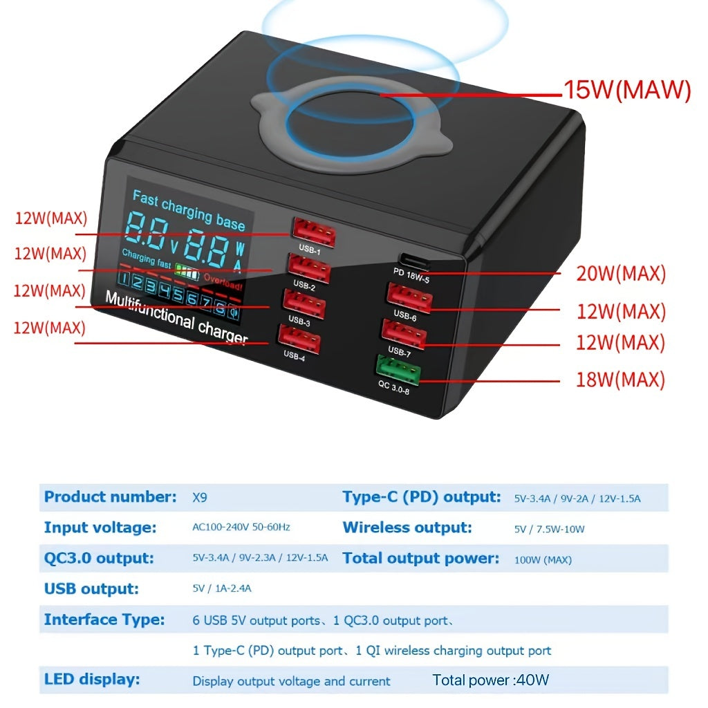 PD20W insgesamt 100W, 8-Port-USB-Schnellladegerät 3.0QC, 15W schnelles drahtloses Laden, USB-Hub-Schnell ladestation kompatibel mit allen Smartphones und für IPads, Kamera-Headsets, für Samsung \ u002FAndroid \ u002FAndere USB-Geräte