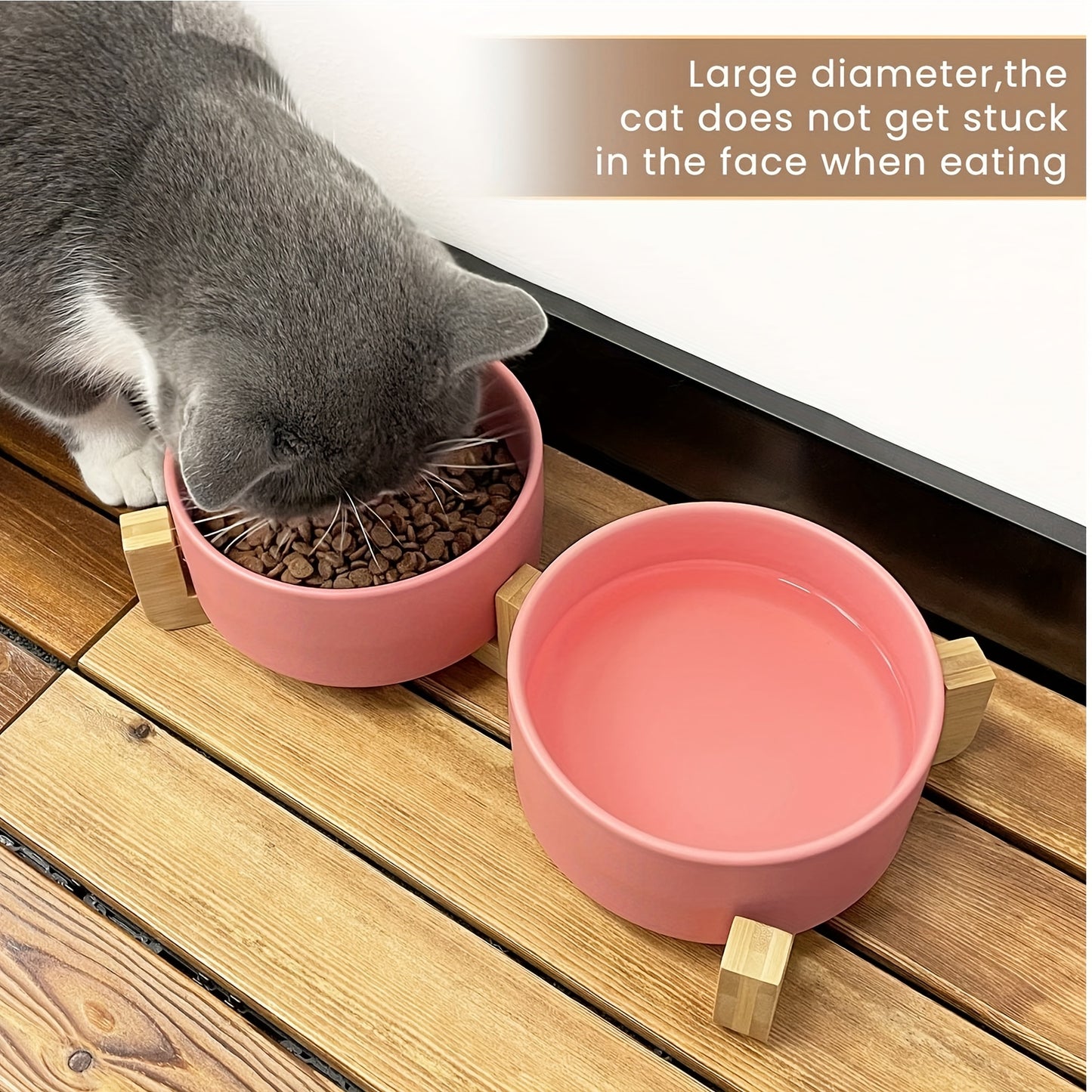 Elevated Pet Double Bowls, Ceramic Non-slip Cat Food And Water Bowl With Wooden Stand, Easy To Clean Cat Feeding Basin For Small Sized Cats And Dogs .