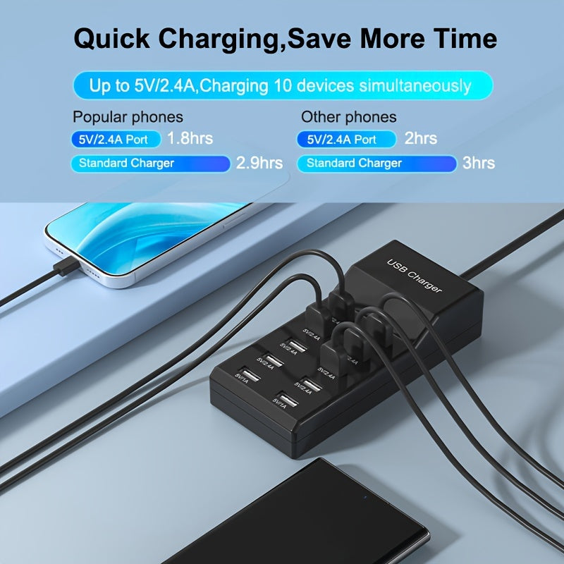 Chargeur mural USB 10 ports: bloc de charge plusieurs appareils simultanément avec adaptateur universel!