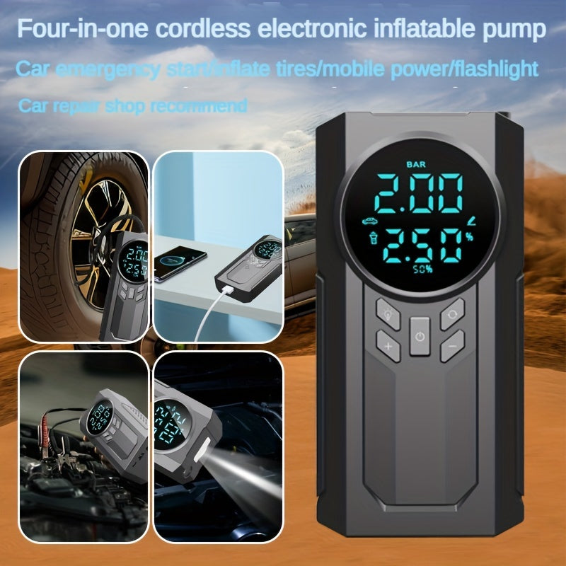 Portable cordless car battery emergency starter, tire air pump, air compressor to easily inflate tires, LED display, with flashlight, mobile power supply, large capacity storage