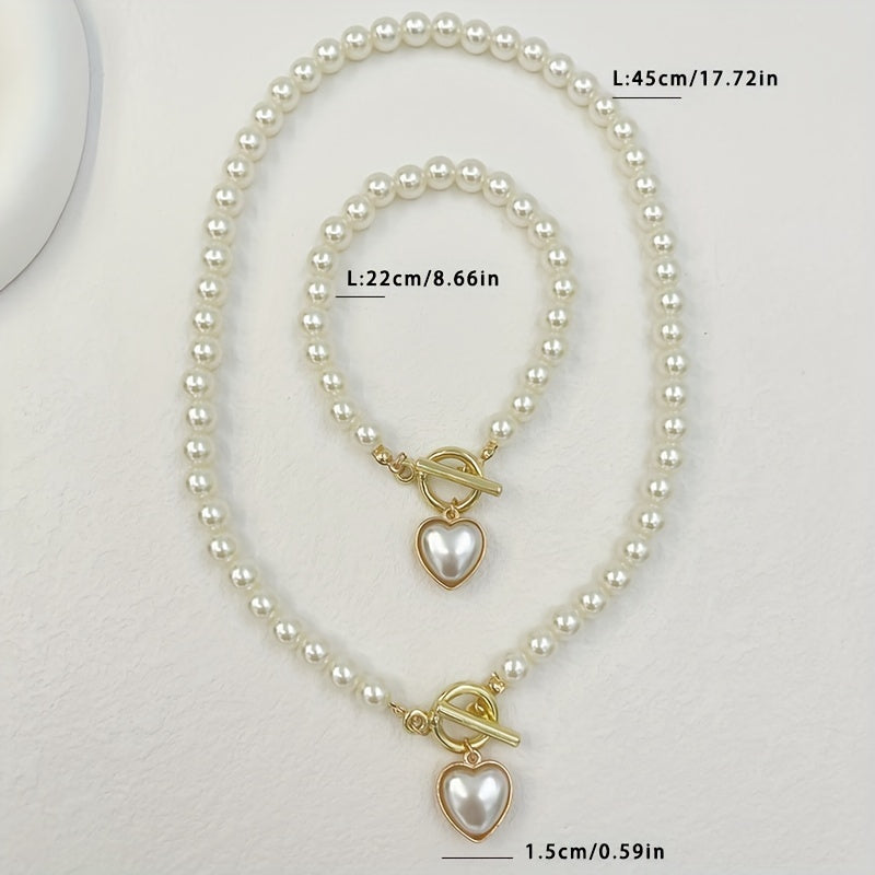 2pcs Collier Bracelet Chic Ensemble De Bijoux Élégant OT Boucle et Doux Coeur Conception Fait De Laiteux Pierre 14k Plaqué Or Match Quotidien Tenues Cadeau Pour Femme