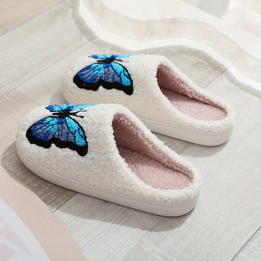 Warm Butterfly Pattern Slippers, Casual Slip On Plush Lined Shoes, Comfortable Indoor Home Slippers