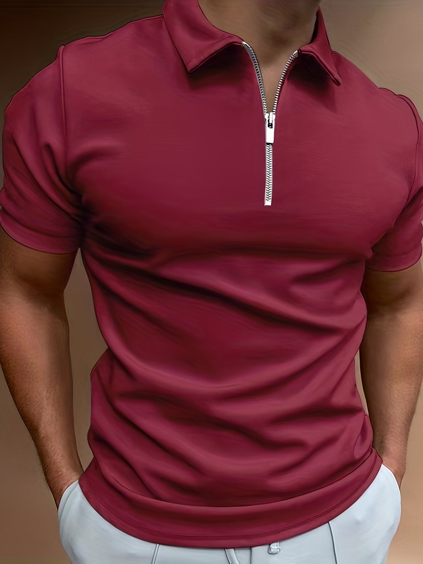 Plus Size Men's Solid Color Shirt, Lapel Zipper T-shirt, Male Casual Streetwear