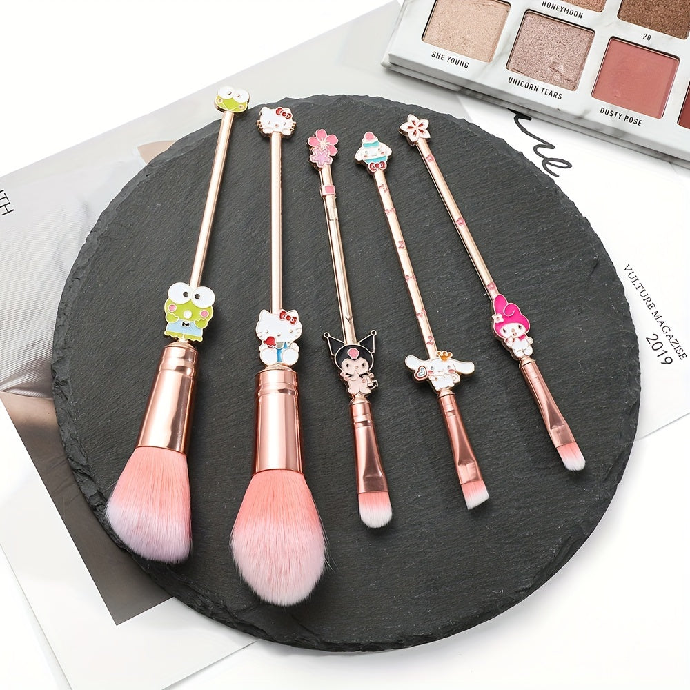 Conjunto de pincéis de maquiagem fofos com 5 peças - Decoração de desenho animado Blush fofo para sombra em pó Pincéis de maquiagem com alça de metal - Presente de cosplay para fãs meninas mulheres