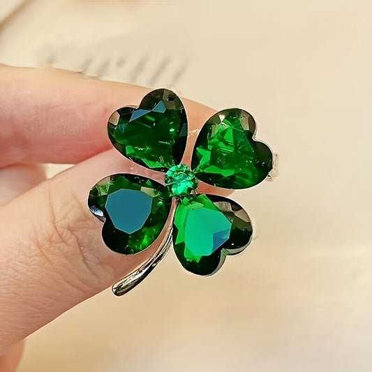 Good Luck Charm: Lucky Green Four-Leaf Clover Crystal Brooch for Women's Clothing and Accessories