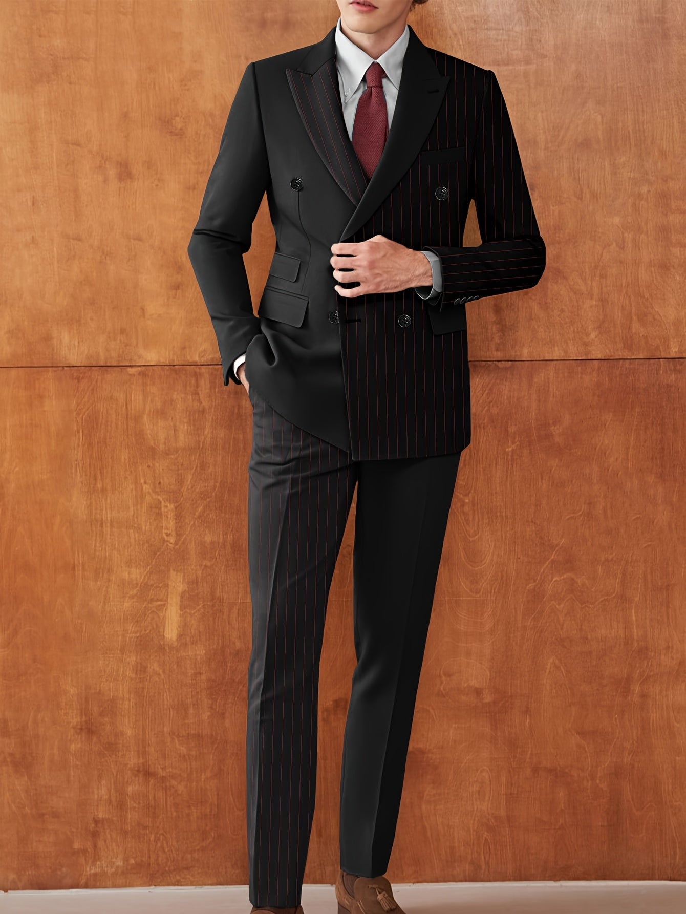 Formal 2 Pieces Set, Men's Double Breasted Striped Suit Jacket & Dress Pants Suit Set For Business Dinner Wedding Party