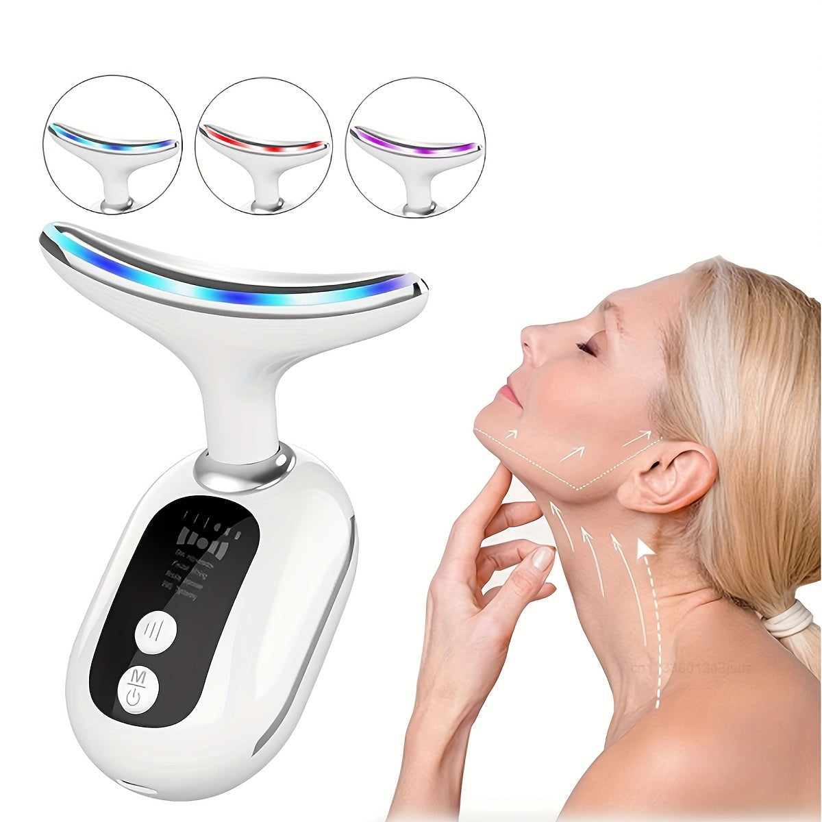 Neck Beauty Instrument, Triple Colour Light Face & Neck Massage Beauty Instrument USB Rechargeable, White, Gift For Women