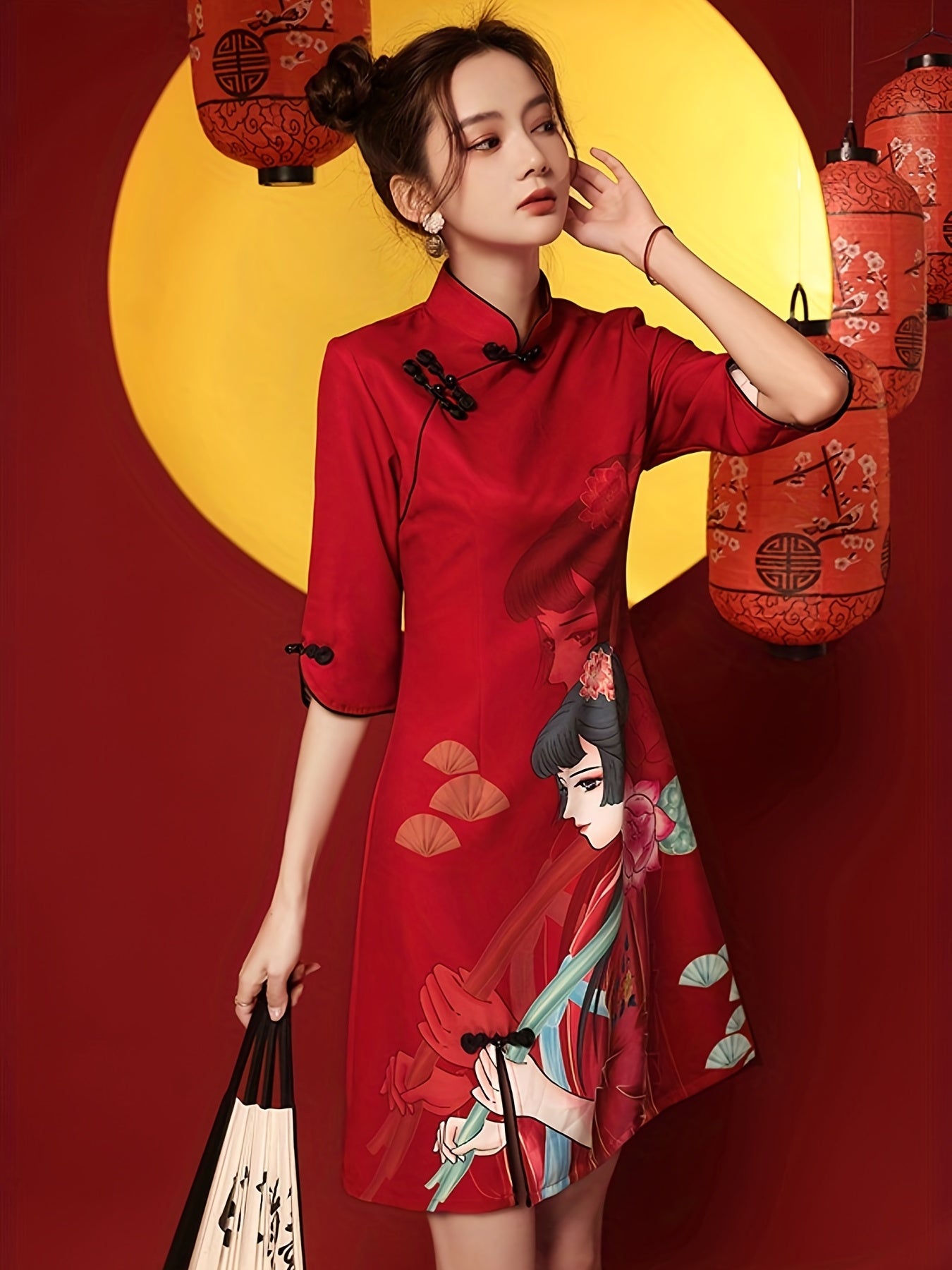 Vestido de Cheongsam de la impresión de la muchacha, vestido delgado de Qipao del estilo chino del vintage, ropa de las mujeres