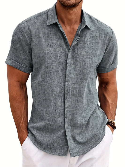 Camisa masculina elegante solta sólida, casual respirável lapela botão até camisa de manga curta para caminhada na cidade rua pendurado atividades ao ar livre