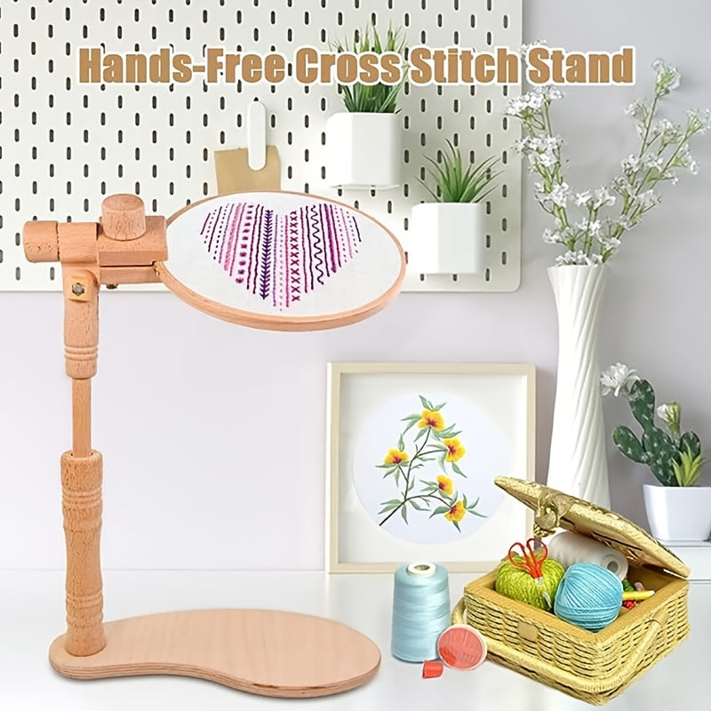 1set Wooden Tall Embroidery Stand Set, Adjustable Cross Stitch Hoop Stand Holder With 4''-6'' Embroidery Hoops, Rotatable Embroidery Frame Lap Stand Hands Free Sewing Tool For Cross Stitch Project