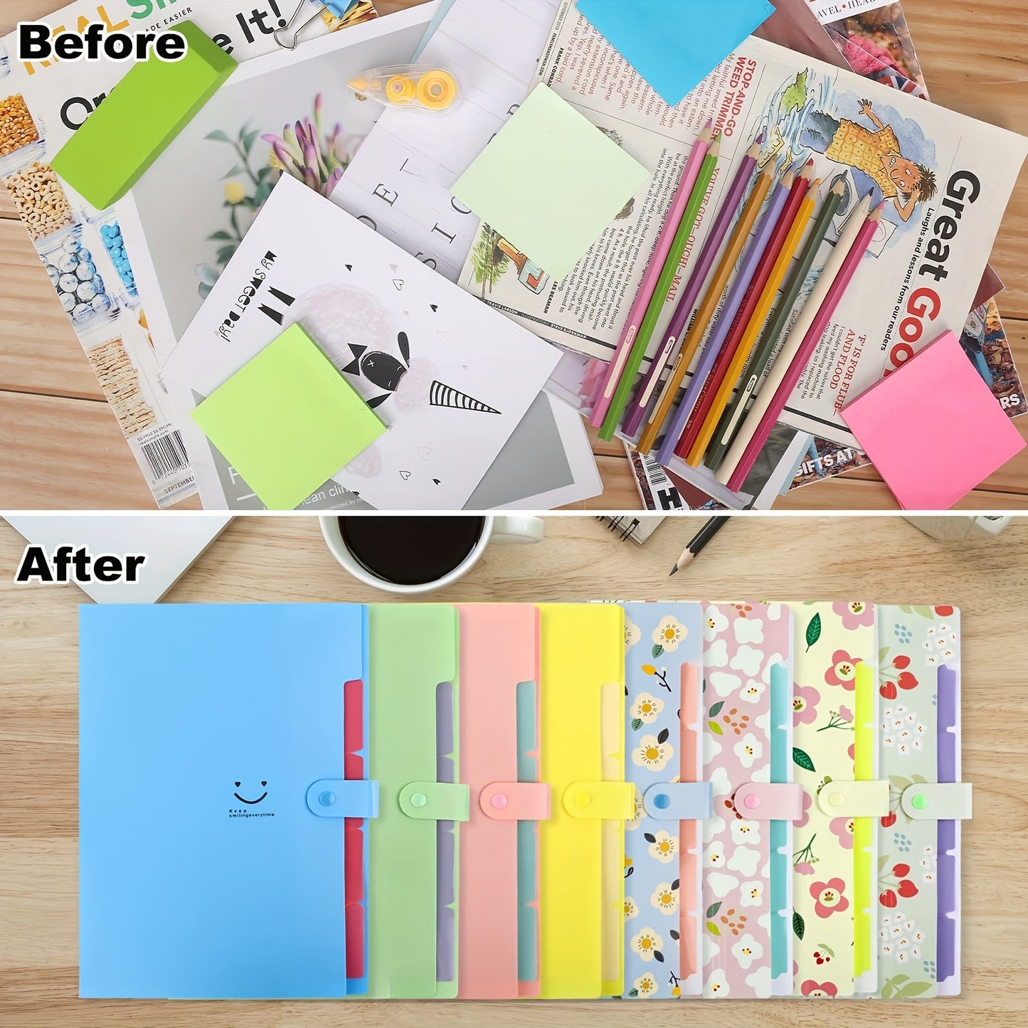 8pcs Of A4 Cute Accordion Folders, Expandable Folders, Letter Size File Storage Boxes, With 5 Pockets, 64 Labels, Suitable For School And Office Supplies. 12.8 Inches X 9.5 Inches X 0.6 Inches