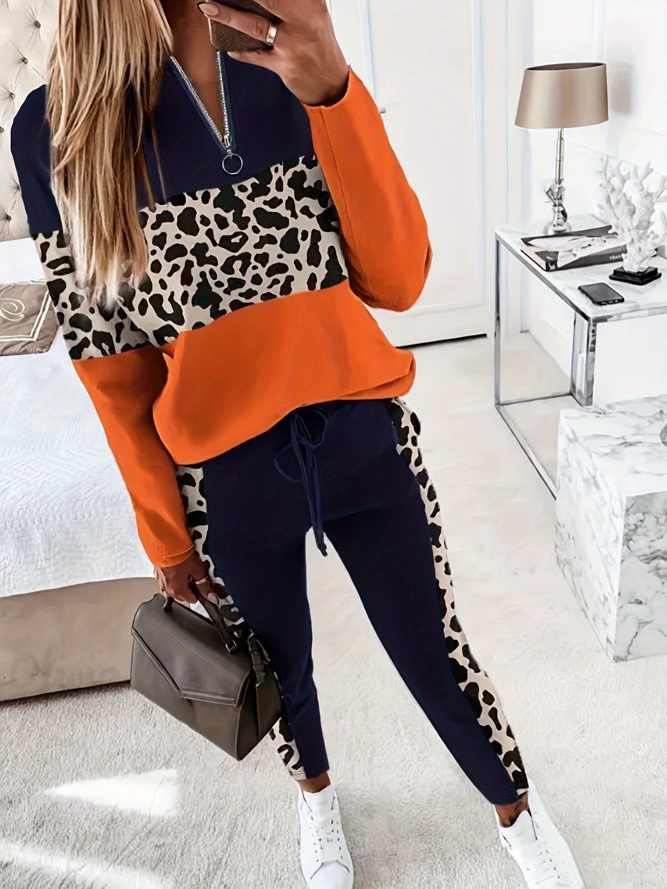 Casual Geo Print Two-piece Set, Quarter Zip Sweatshirt & Drawstring Pants Outfits, Women's Clothing