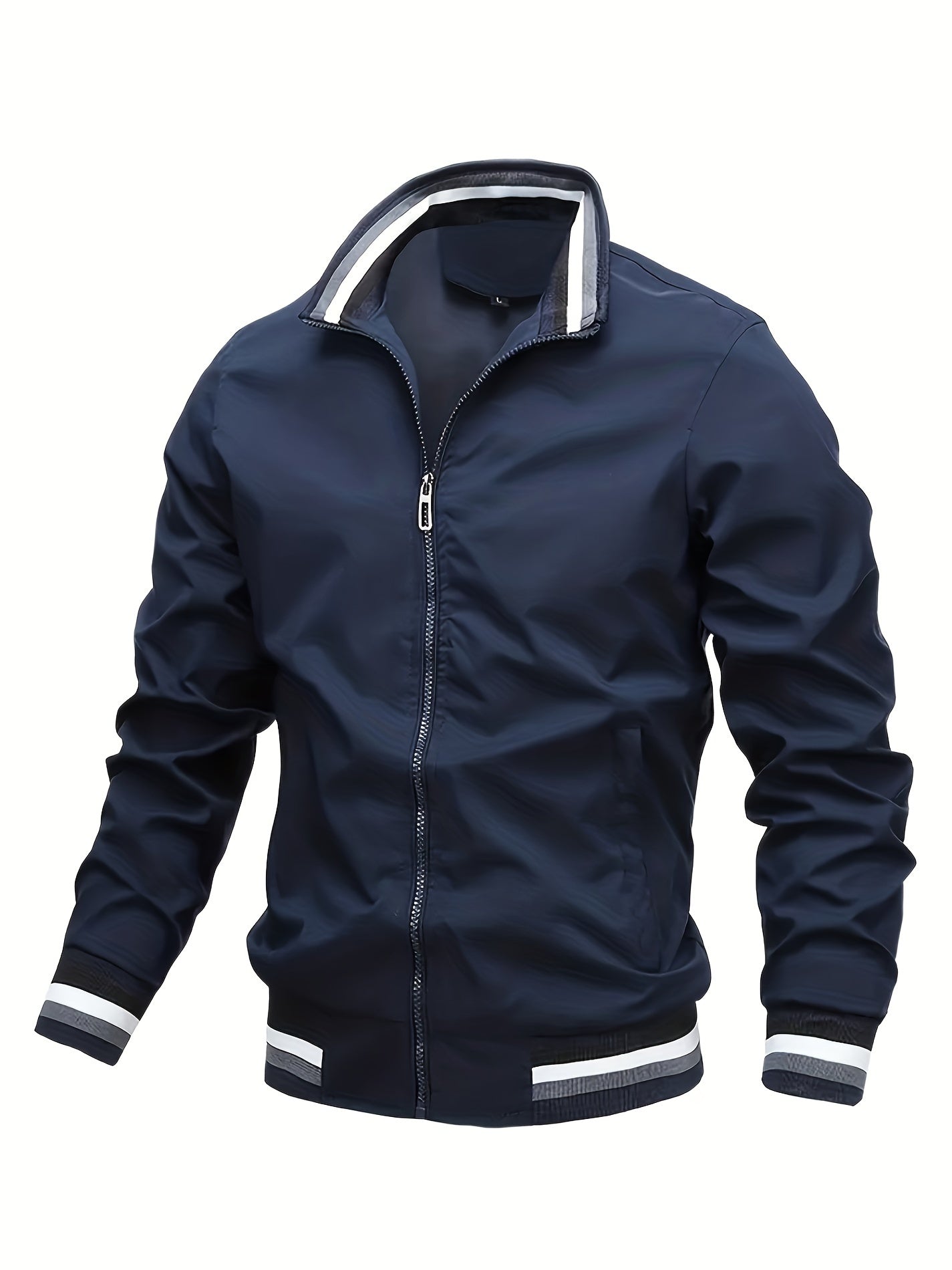 Más tamaño de los hombres moda casual zipper stand collar bolsillo chaqueta, color sólido manga larga raya patrón en la capa inferior suelta gran tamaño