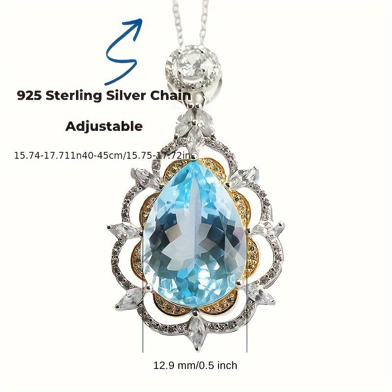 1pc Waterdrop Shape Blue Topaz Pendant Droplet Necklace, Elegant S925 Silver Necklace For He