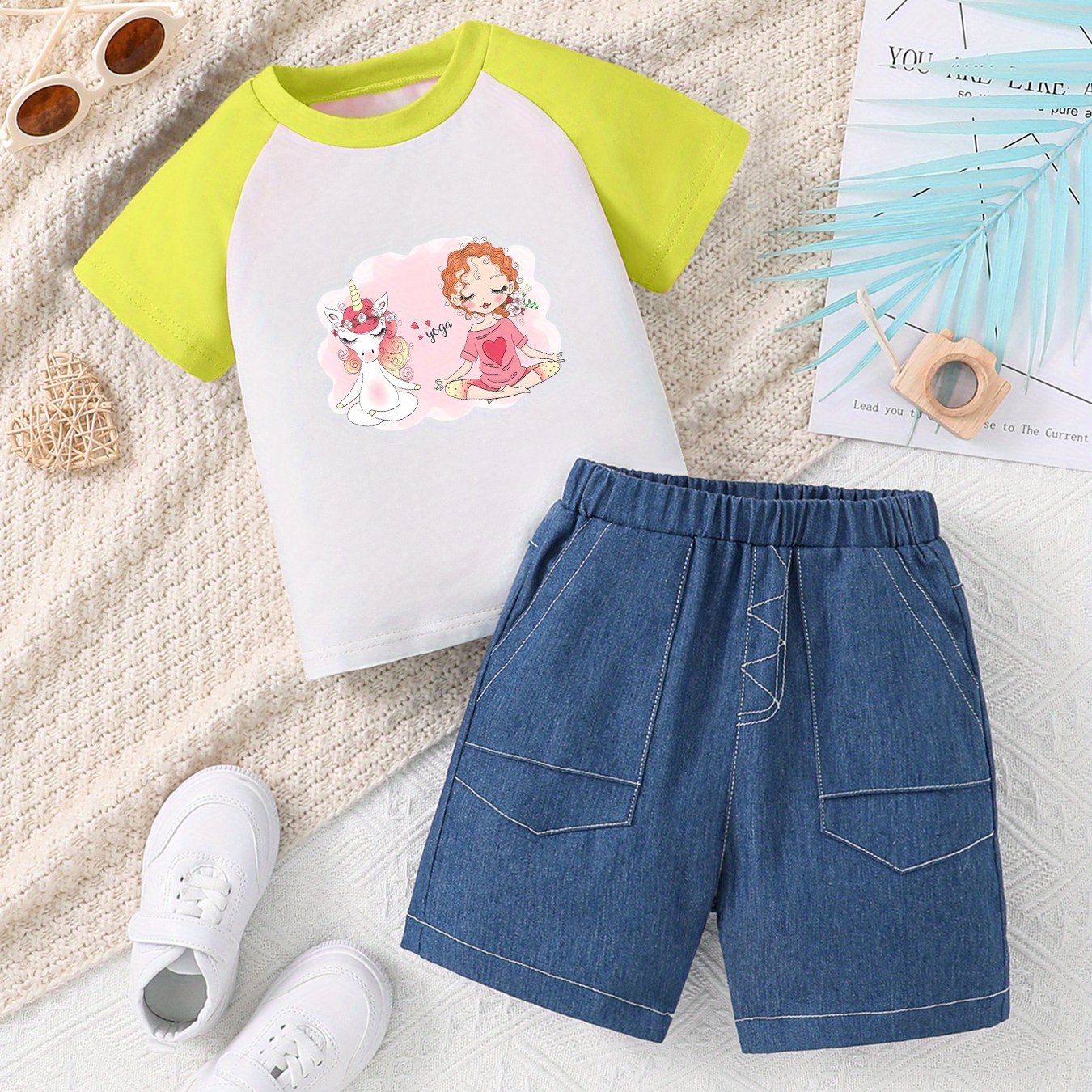 2pcs Toddler Kid Girls Cartoon Unicorn & Girl Pattern Raglan Colorblock Short Sleeve T-shirt + Denim Shorts Comfy Trendy Summer Clothing