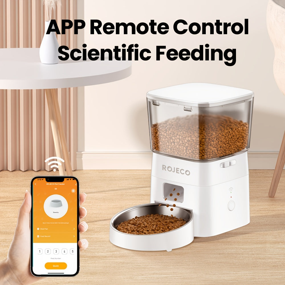 ROJECO Automatic Cat Feeder, 2L\u002F68oz WiFi Automatic Cat Food Dispenser With App Control, Timed Cat Feeder With Stainless Steel Bowl & Dual Power Supply, 1-6 Meals, No Adapter Included