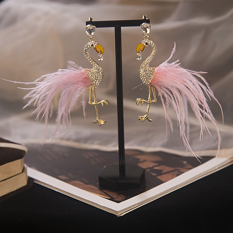 Unique Creative Flamingo Feather Design Dangle Earrings Alloy 14K Gold Plated Jewelry With Rhinestones Inlaid Personality Party Earrings