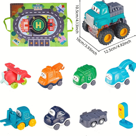 A Set Of 6 Inertia-powered Toy Cars With Trailer And City Map Storage Mat