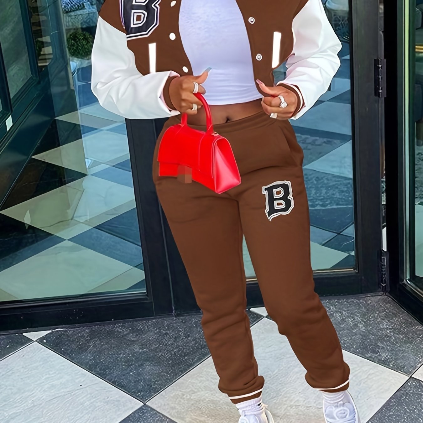 Casual Letter Print Two-piece Set, Color Block Bomber Jacket & Slant Pockets Pants Outfits, Women's Clothing