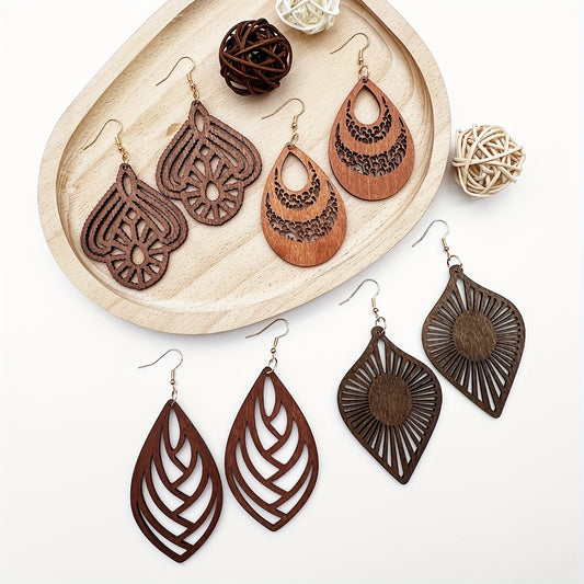 4 Pairs \u002F Set Hollow Carved Pattern Dangle Earrings Simple Bohemian Style Wooden Jewelry Trendy Female Earrings