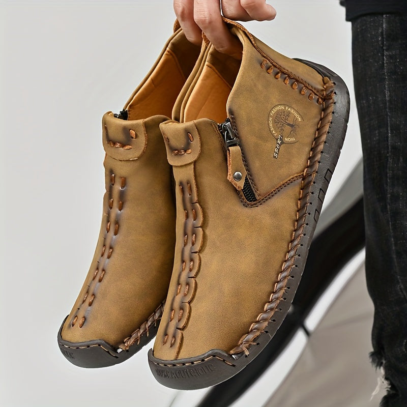 Hommes Haut Haut Cousu Bottes Avec Fermeture Éclair, Casual Cheville Chukka Bottes, Slip Confortable Sur Chaussures De Marche Pour Le Travail Bureau Robe En Plein Air