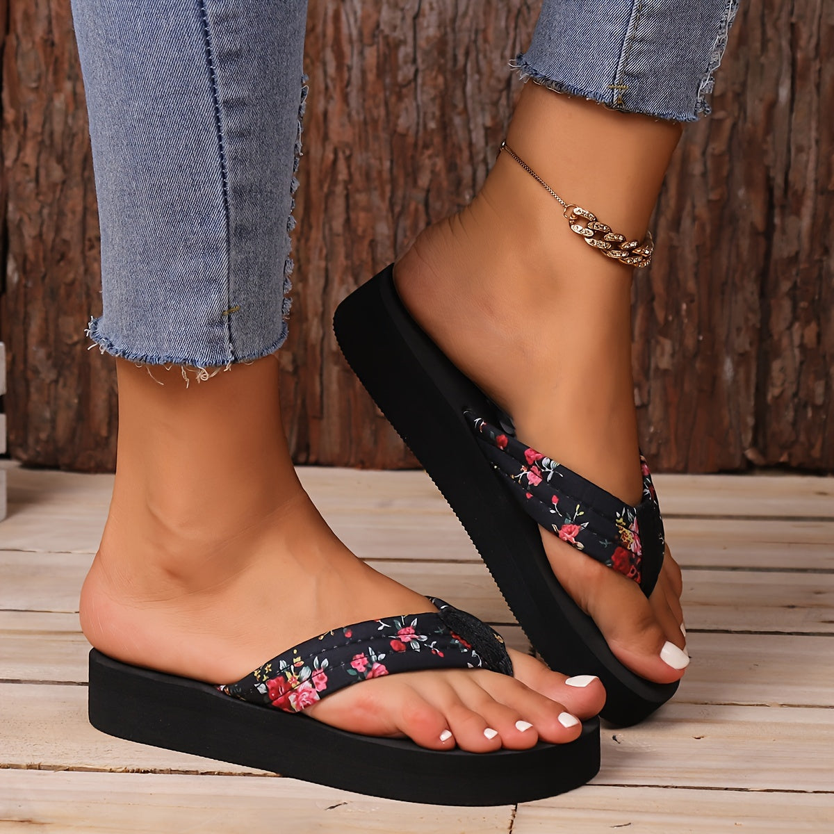 Flip Flops mit Blumenmuster für Frauen, Slip-on-bequeme Plattform-Soft-Sole-Rutschen, Ferien-Sommer-Strand rutsche