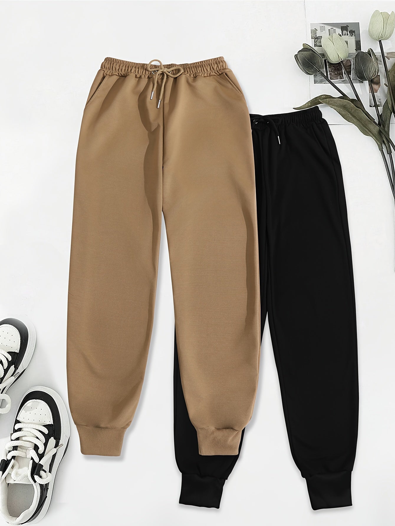 Two Pack Pants, Solid Drawstring High Waisted Sweatpants, Casual Every Day Pants, Women's Clothing