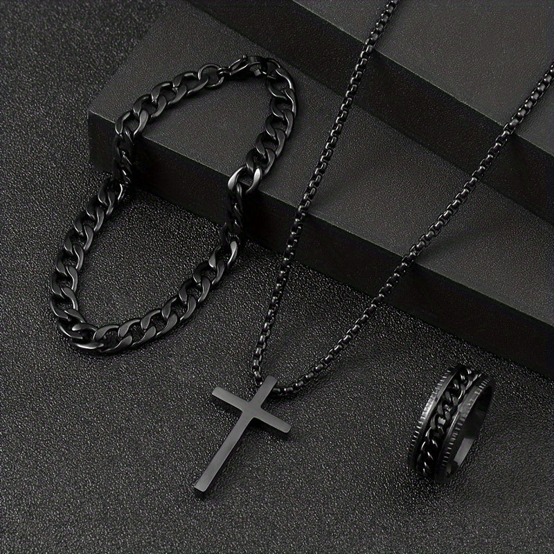 3pcs Men's Fashion Versatile Stainless Steel Jewelry Set, Black Cross Necklace, Bracelet And Ring