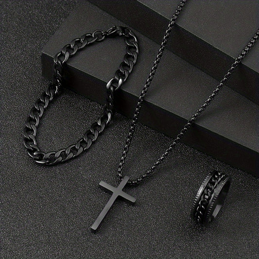 Conjunto de joias versátil de aço inoxidável da moda masculina de 3 peças, colar de cruz preta, pulseira e anel