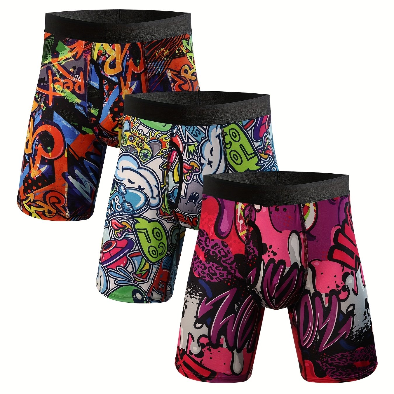 3pcs Men's Plus Size Tropical Plant Print Personality Fashion Novelty Long Boxes Briefs, Sports Briefs, High Stretch Comfortable Underwear