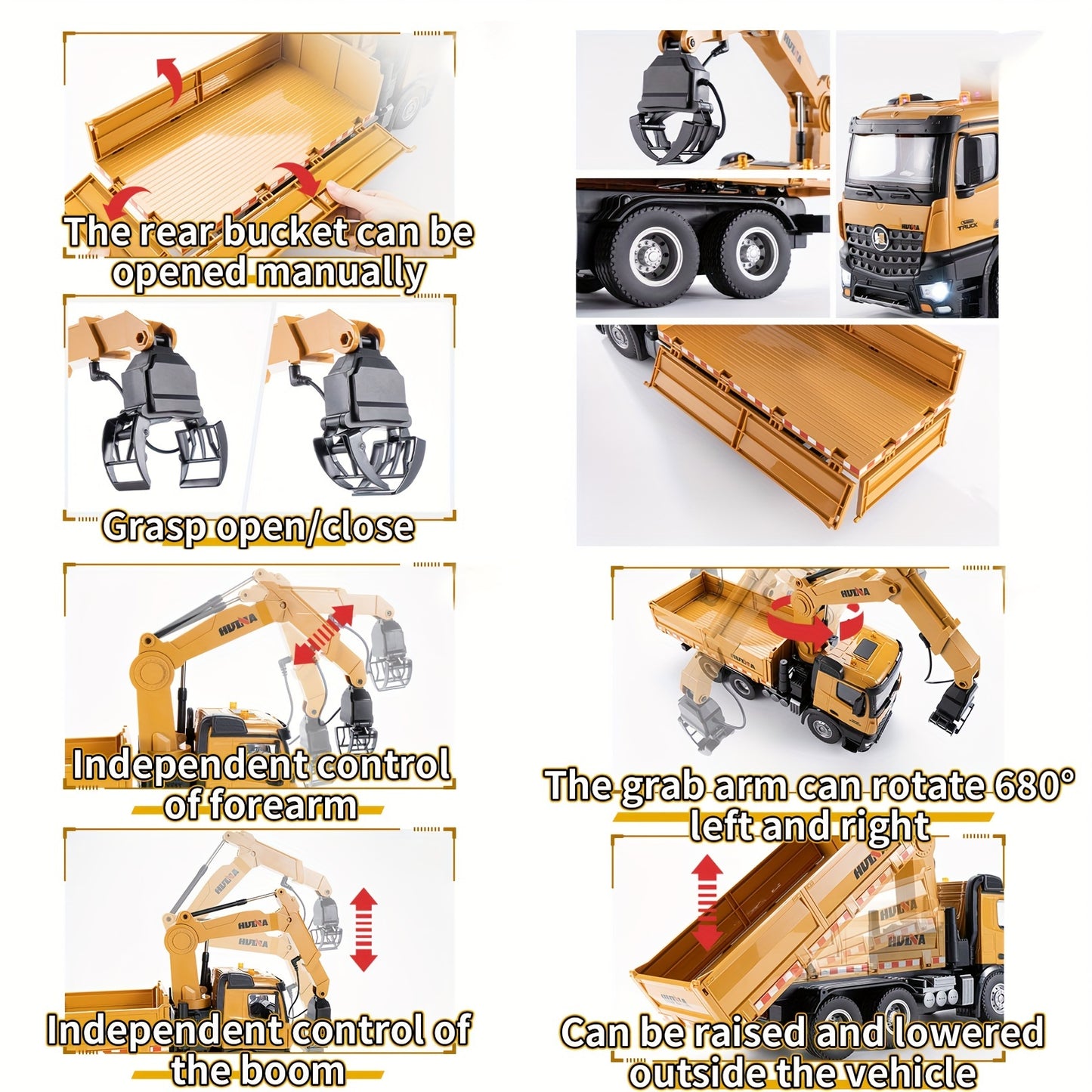 3-in-1 1:14 Twenty-six Channels Extra Large Alloy Remote Control Dump Truck,Construction Vehicle Toy With Two Grabbers And One Hanging Hook