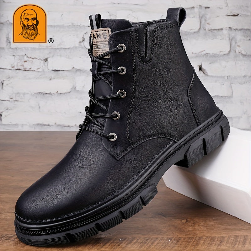 LAORENTOU Herren Trendy Solid Stiefeletten mit Gefütterter Fuzz, wasserdichte, verschleiß feste, rutsch feste Schnürstiefel für Outdoor-Freizeit