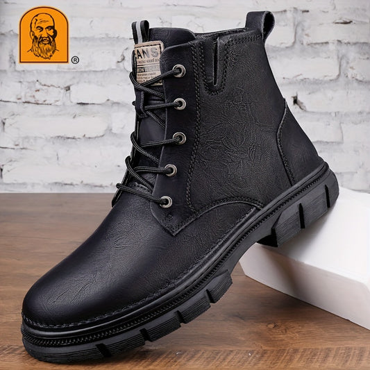 LAORENTOU Men's Trendy Solid Ankle Boots With Lined Fuzz, Waterproof Wear-resistant Non Slip Lace-up Boots For Outdoor Casual