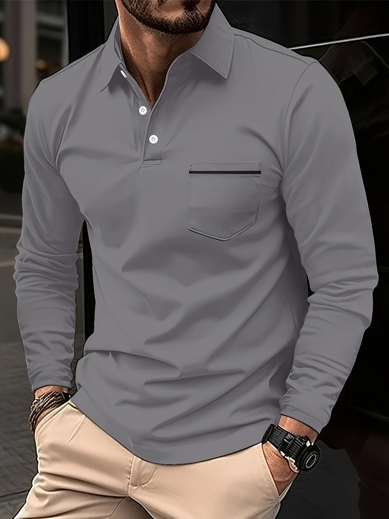 Solid Color Men's Mature Basic Long Sleeve Lapel Shirt With Chest Pocket, Spring Fall Golf Sports