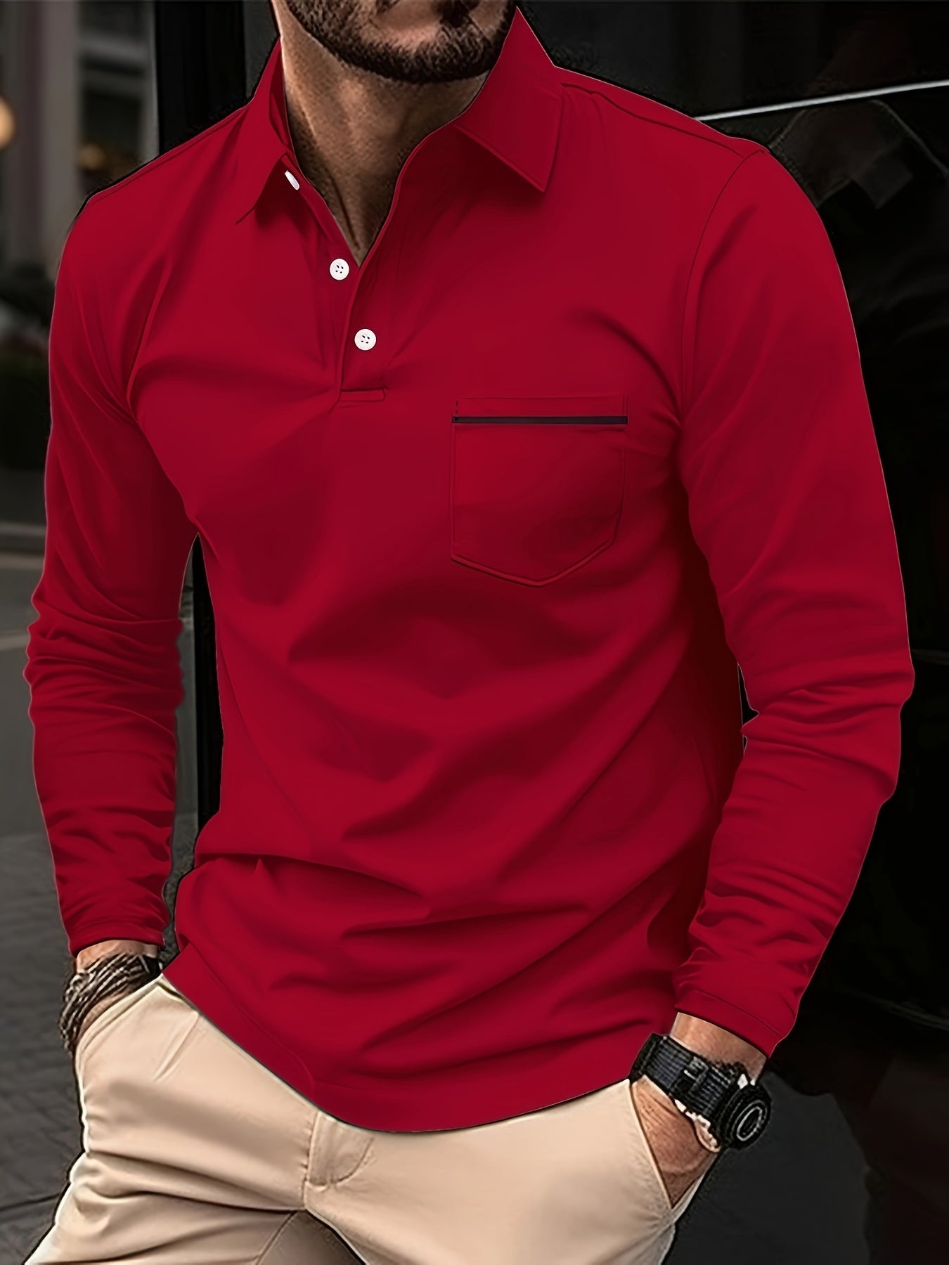 Solid Color Men's Mature Basic Long Sleeve Lapel Shirt With Chest Pocket, Spring Fall Golf Sports