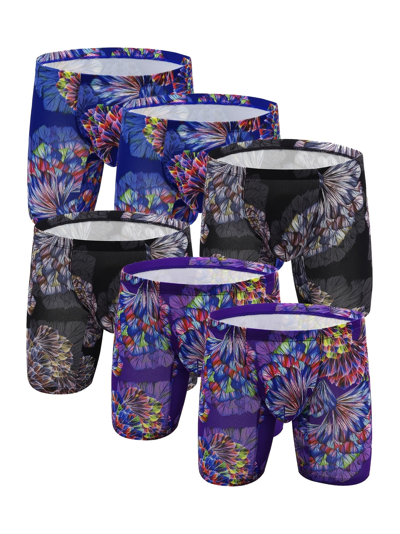 6 peças masculinas com padrão de flores, personalidade da moda, cuecas boxer de perna longa, respiráveis, confortáveis, de secagem rápida e elásticas, cuecas boxer em forma de U, calcinhas com bolsa convexa em forma de U, roupas íntimas masculinas