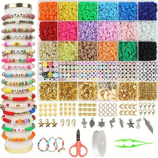 5100pcs Clay Bead Bracelet Making Kit, Preppy Spacer Flat Beads For Jewelry Making, Polymer Black Stone Beads With Charms And Bungee Cord For Girls Gifts Girls Crafts