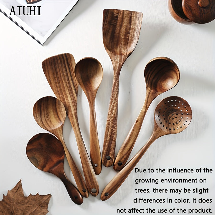 7pcs cuillères en bois de teck naturel pour la cuisine-spatule antiadhésive avec poignée confortable-parfait pour la rentrée des fournitures scolaires